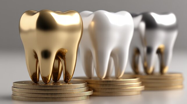 Gold and silver dental models on stacks of coins highlight investment value