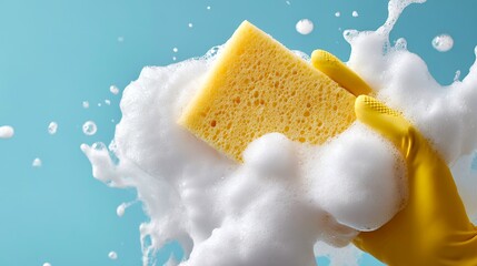 Hand in yellow glove holds sponge and soap bubbles against blue backdrop