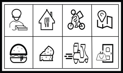 a collection of eight bold black and white outline icons representing food delivery and related services. Includes symbols for a customer ordering, dining at home, cyclist delivery, map location.