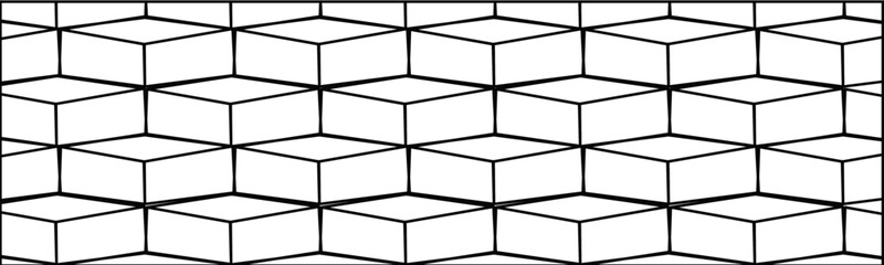 Seamless geometric cube pattern with a black outline on a white background creating an illusion of depth and volume, perfect for architectural or abstract design projects