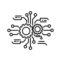 Line art icon of two interlocking gears connected to a circuit board pattern, symbolizing technology and engineering process isolated on