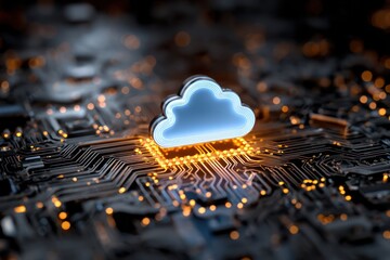High-Tech Circuit Board with Central Cloud Symbol