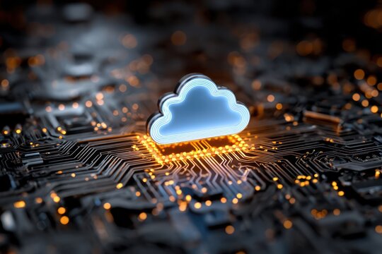 High-Tech Circuit Board with Central Cloud Symbol