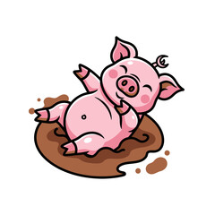 Naklejka premium Happy pig rolling in mud, enjoying the moment, cute cartoon.