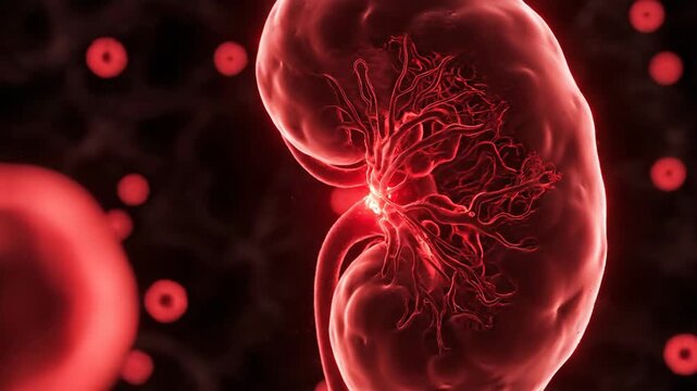 Glowing red kidney cell with vessels & surrounding red blood cells in a dark, abstract, 3D rendered anatomical study