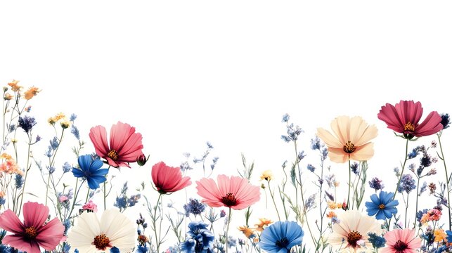 Colorful meadow blossoms form a delicate border along the bottom edge against a white background