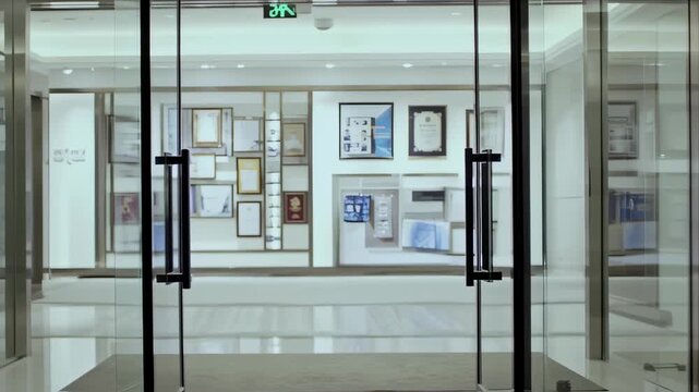 Young Asian Businessman in Dark Suit Walking Through Modern Glass Office Doors