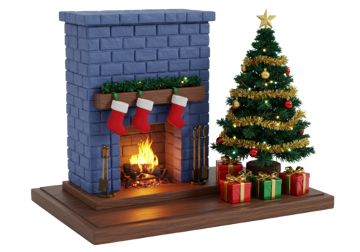macro 3d render of a cozy miniature christmas scene featuring a royal blue brick fireplace, glowing fire, decorated tree, and gifts, set against a transparent background, nostalgic winter holiday