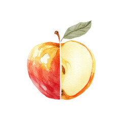 Watercolor painting of a red apple, halved to reveal inner core