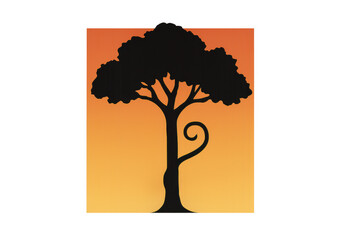 African tree silhouette with twisting trunk on sunset background, symbolizing nature, life, and the environment
