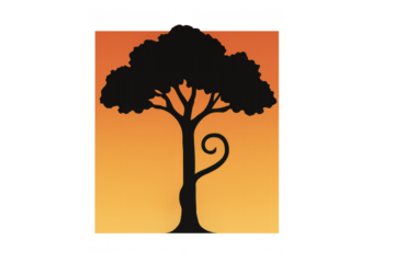 African tree silhouette with twisting trunk on sunset background, symbolizing nature, life, and the environment