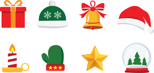 Holiday christmas flat icon set_ Gift, Bell, Candle, Hat & Snow Globe vector pack