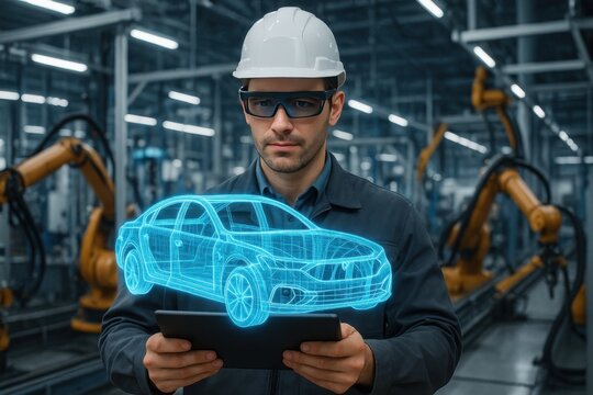 Engineer's Digital Blueprint: An engineer in a modern factory setting, immersed in augmented reality, analyzes a virtual car blueprint projected onto their tablet, showcasing innovation.