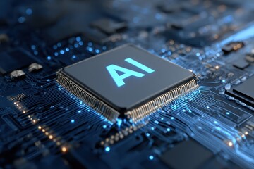 Computer Chip with AI Letters on Blue Background