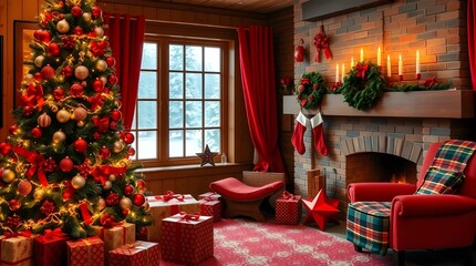 interior christmas. magic glowing tree, fireplace, gifts