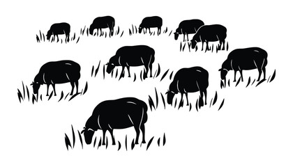 Sheep grazing vector illustration black and white silhouette