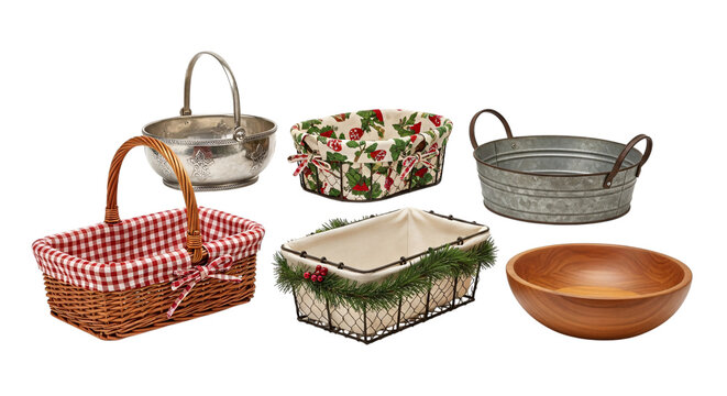 A diverse collection of decorative and functional baskets and bowls, including wicker, metal, and wooden varieties, perfect for home decor or storage, isolated on transparent background