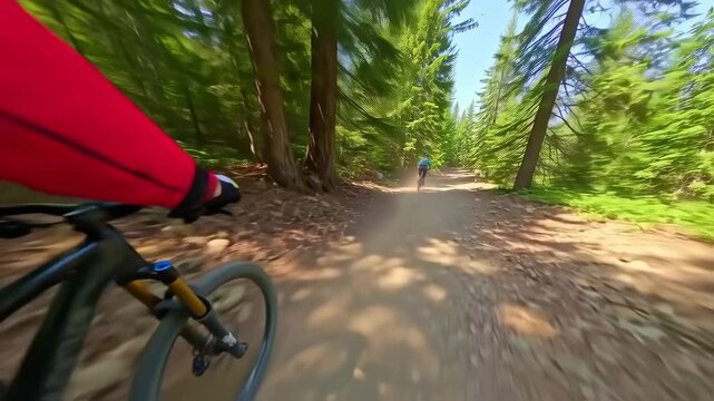 Action POV Mountain Biking on a Sunny Forest Trail