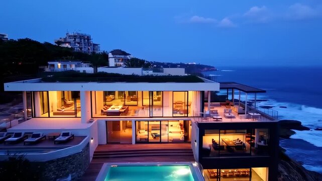 Luxury Modern Oceanfront Villa with Infinity Pool and Illuminated Interiors at Dusk