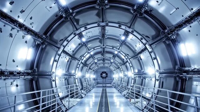 Futuristic Metallic Tunnel Corridor Interior with Bright Lights and Walkway