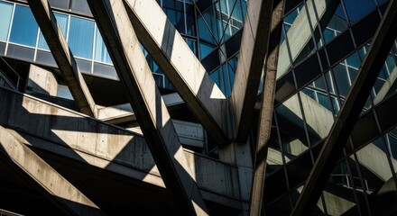 A modern, geometric building with angular, glass panels and concrete elements, featuring a mix of natural and man-made materials.
