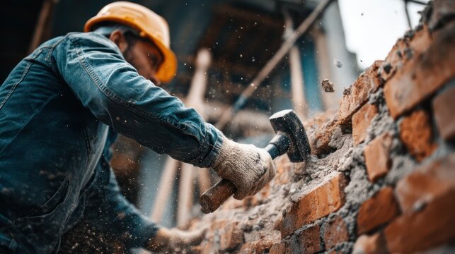 Demolition Work: Worker Striking Brick Wall with a Sledgehammer