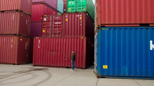 Man Walking Among Stacked Shipping Containers in an Industrial Logistics Yard