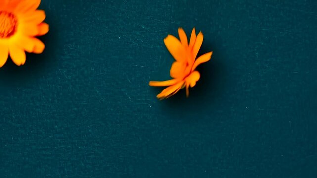 Dynamic Orange Calendula Flowers Appearing on Dark Teal Textured Background