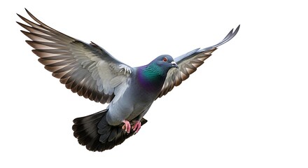 Obraz premium A pigeon is shown mid-flight with wings outstretched. Its plumage displays a mix of grey, black, and iridescent colors