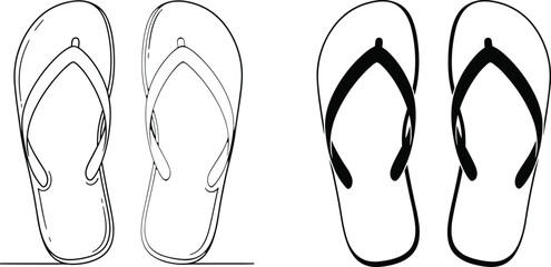 Flip flops vector illustration set, line art and silhouette, summer footwear, beach sandals, casual, simple, comfortable, holiday, vacation, graphic, icon, black and white, outline, modern.