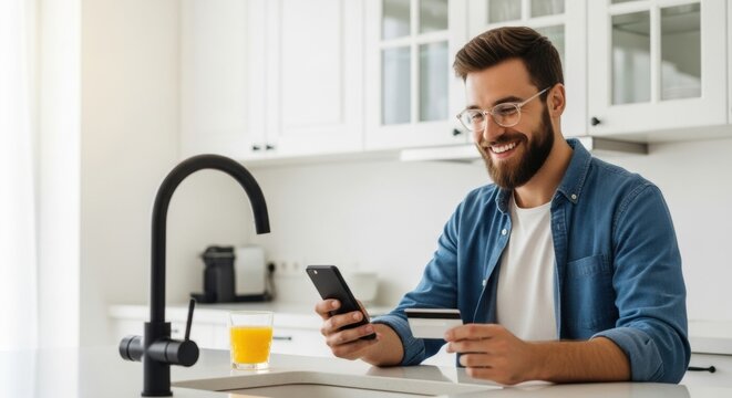 Cheerful handsome man with glasses and a beard holds a credit card and smartphone, enjoying easy online payment and e-commerce services in a modern home kitchen - Powered by Adobe