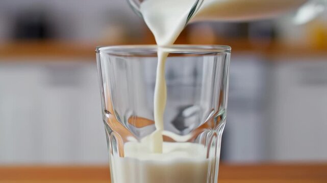 Fresh White Milk Pouring from a Glass Pitcher into a Clear Drinking Glass
