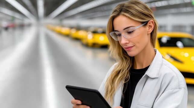 A woman wearing safety glasses and a white coat is using a tablet in a car manufacturing facility filled with yellow cars. Automotive industry technology.