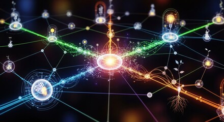 A vibrant, colorful network of interconnected lightbulbs and symbols, with a central focus on a glowing, radiant light bulb, set against a dark, blurred background.