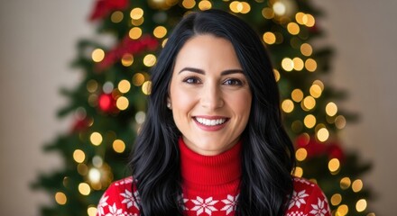 A cheerful brunette woman with a radiant smile wears a festive red turtleneck sweater in front of a softly blurred, decorated tree with glowing golden lights