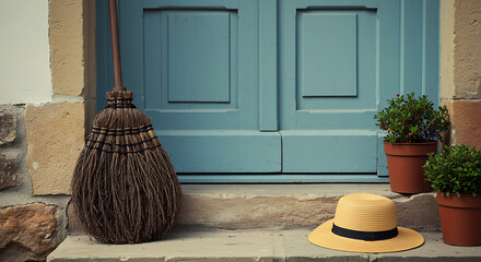 Broom, Straw Hat and Flower Pots by an Old Blue Door
