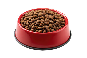 Red pet food bowl brimming with brown kibble
