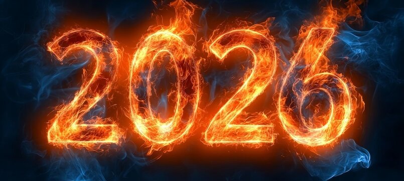 Dynamic 2026 Numbers Erupting in Bright Orange Flames, Illuminating the Dark Blue Night Sky.