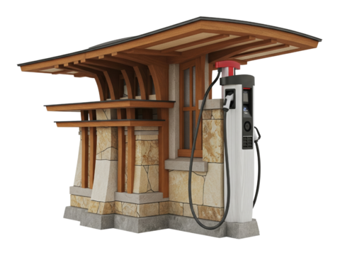 Electric vehicle charging station with modern wooden architecture on a transparent background