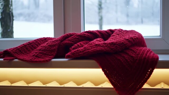 Red Knitted Scarf Resting on a Windowsill with Snowy Winter View