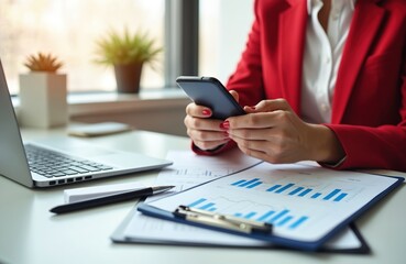 Female manager uses smartphone to review financial data on desk. Analyzes stock market trends, investment strategies in modern office setting. Focused businesswoman monitors digital information for