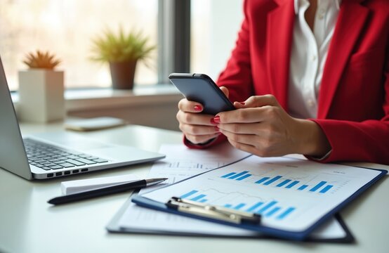 Female manager uses smartphone to review financial data on desk. Analyzes stock market trends, investment strategies in modern office setting. Focused businesswoman monitors digital information for