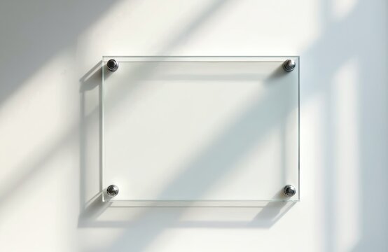 Modern glass office nameplate mounted on white wall. Clear acrylic sign has metal standoffs. Use for branding, company logo, or business name display. Elegant corporate signage.