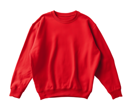 a red sweatshirt flat-lay mockup, with christmas decorations and stockings in the background, white studio background