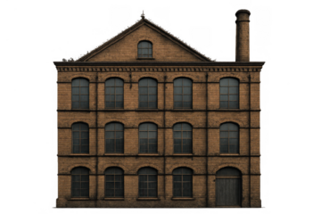 Old industrial factory building with chimney and multiple arched windows on transparent background