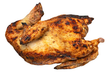 Homemade whole roasted chicken with golden brown crispy skin, isolated on transparent background