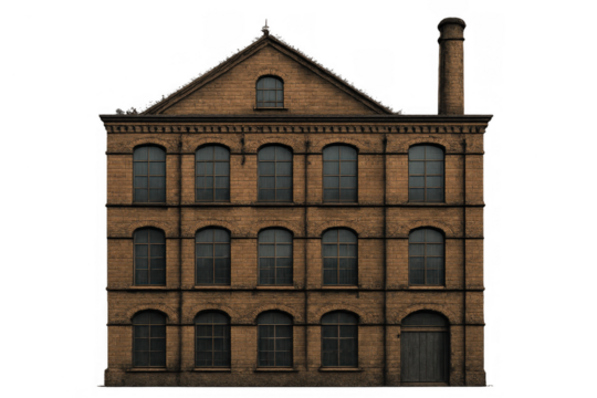 Old industrial factory building with chimney and multiple arched windows on transparent background