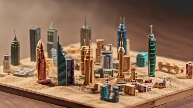 Miniature Scale Models of Famous Global Skyscrapers and Buildings Arranged on Sand