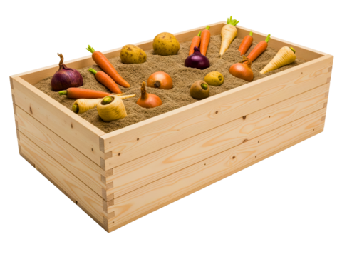 Root vegetables stored in sand inside a large wooden crate on a transparent background