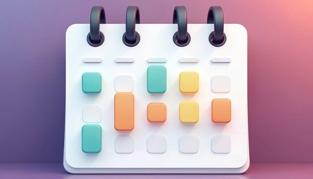 Calendar icon with colorful events. Modern planner shows schedule, meetings, deadlines on lilac background. Reminder for effective time management, productivity. Useful for business, study, personal
